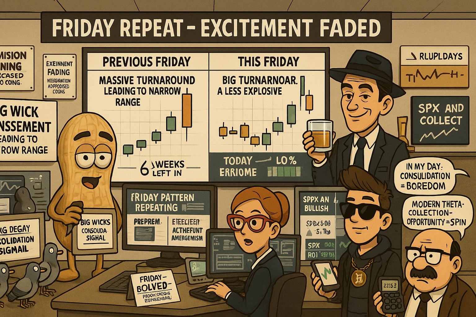 Financial Nuts newsroom monitoring Friday pattern repeat with less dramatic follow-through whilst excitement fades suggesting narrow range consolidation ahead with theta collection protocols active