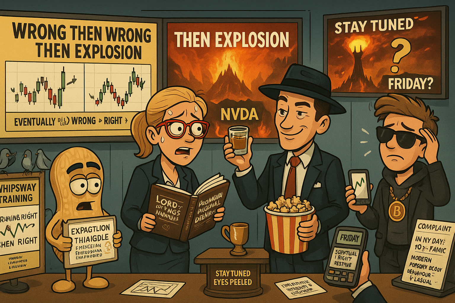 Financial Nuts newsroom processing wrong fast multiple times sequence as NVDA gets cast into Mordor whilst Percy teaches whipsaw recognition and Mac celebrates eventual right with popcorn ready for Friday turnaround question