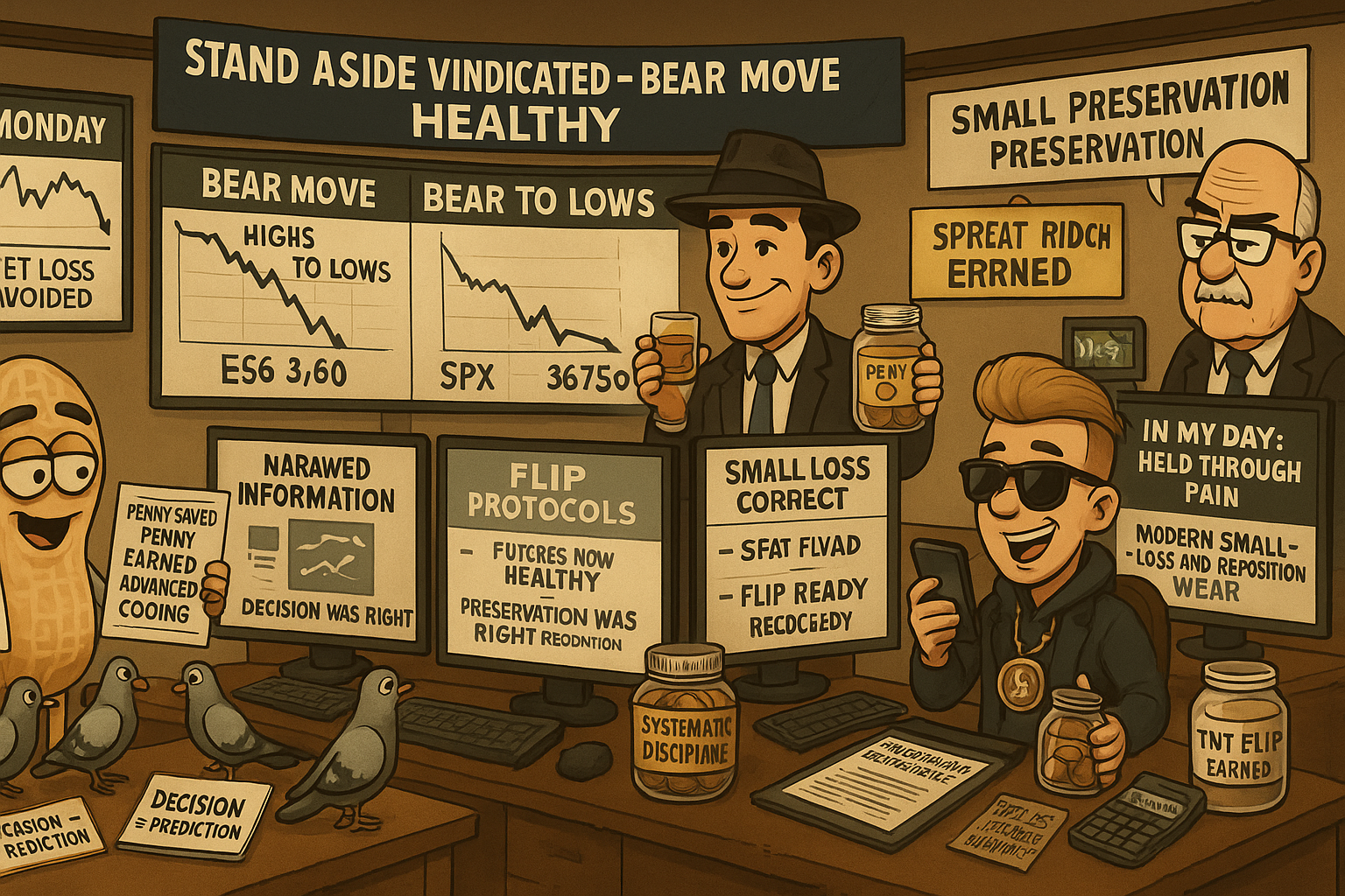 Financial Nuts newsroom celebrating Monday stand aside vindication as bear move plays out healthy with TnT preparing flip and small loss discipline over hold and hope