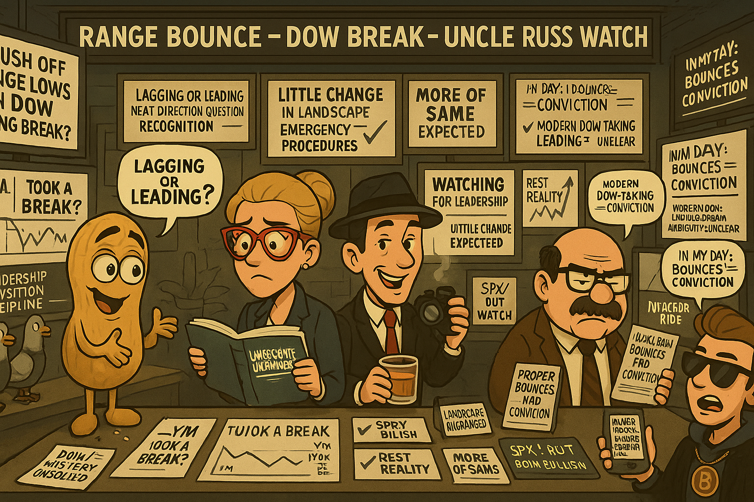 Financial Nuts newsroom processing range lows bounce whilst Dow takes mysterious break as Percy teaches lagging-or-leading recognition and Mac watches Uncle Russell upper BB riding for bull rampage leadership signals