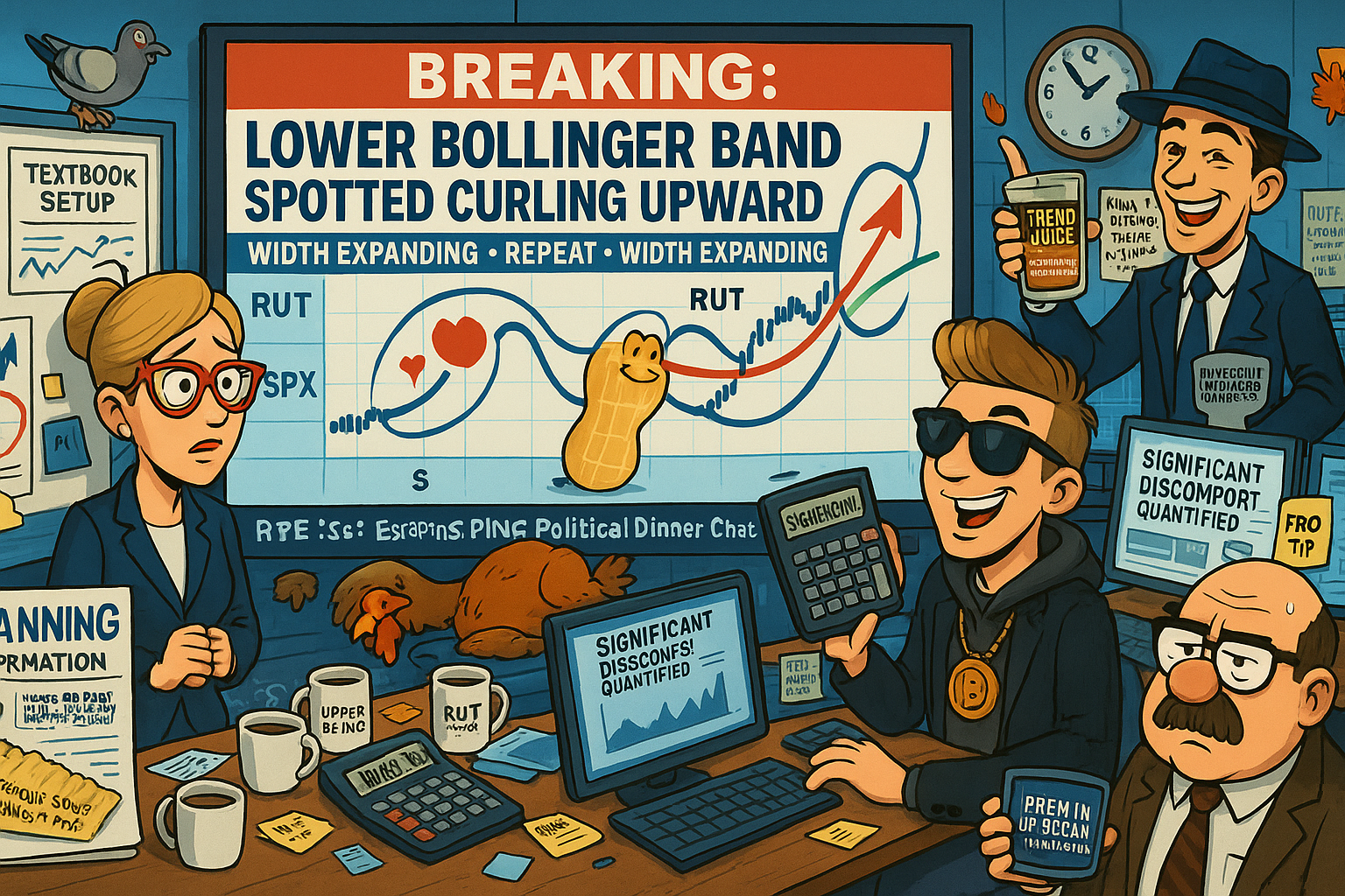 Financial Nuts newsroom breaking news on Bollinger Band trend confirmation with Percy calculating angles whilst team processes RUT rampage