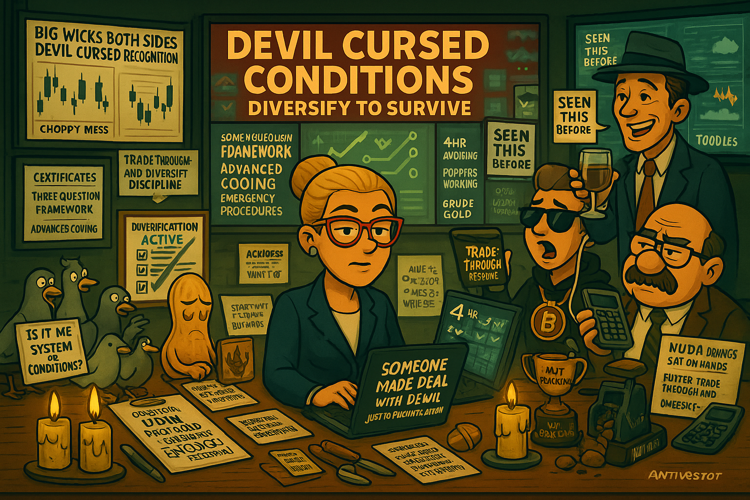 Financial Nuts newsroom diagnosing devil cursed market conditions with three-question framework whilst Percy teaches diversification as Mac celebrates trade-through approach before NVDA earnings verdict
