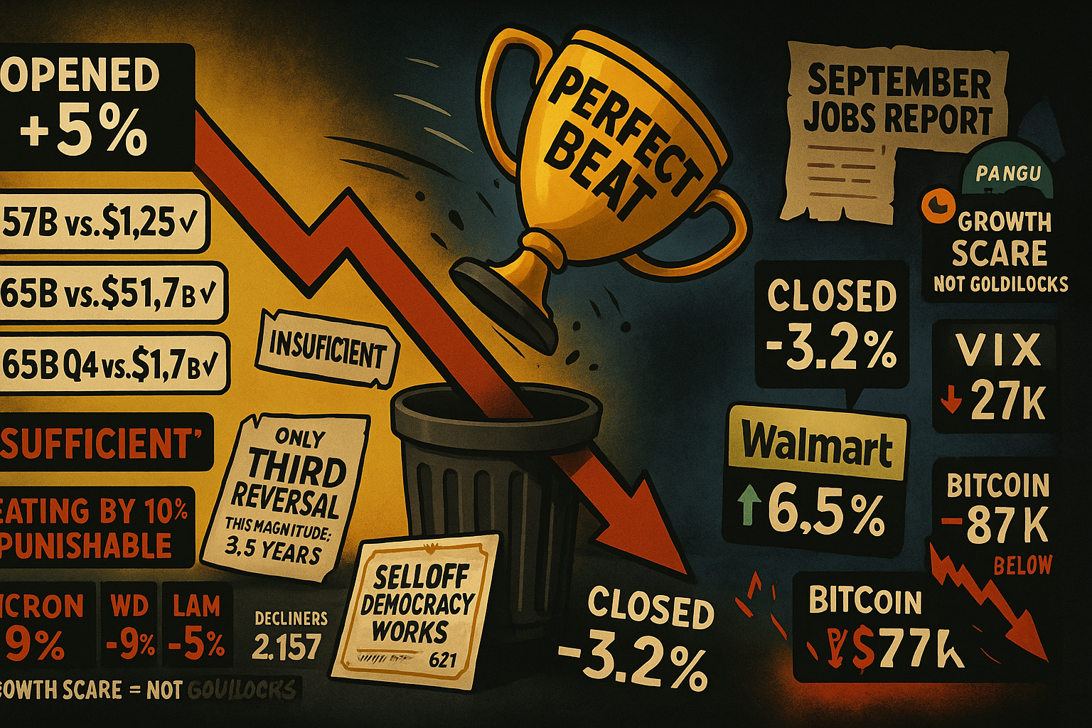 Nvidia's perfect earnings beat punished with -3.2% close as September jobs data kills December cut hopes in rare reversal magnitude