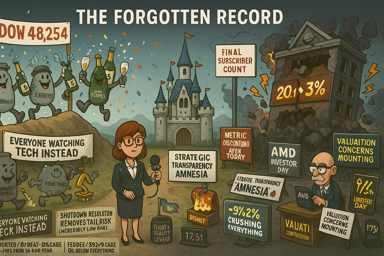 Dow celebrating records on left while CoreWeave margins collapse right and Disney prepares final subscriber count before metric discontinuation