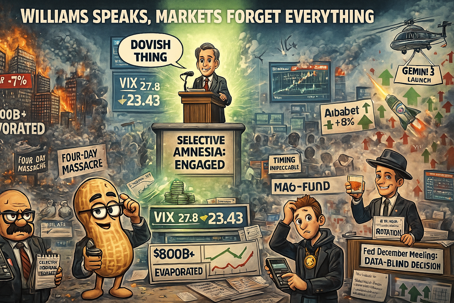 Markets rally on Williams dovish pivot whilst forgetting $800B November Mag Seven losses as Thiel's pre-earnings exit proves timing