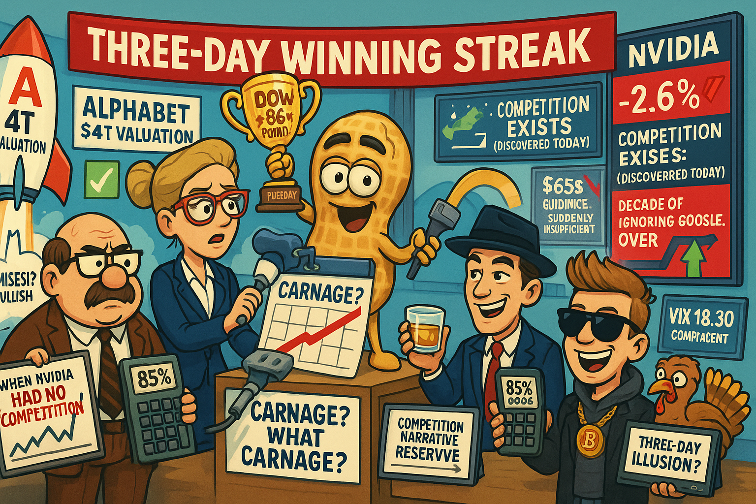 Three-day rally extends as 85% rate cut odds drive markets while Alphabet approaches $4T and Nvidia discovers Google chip competition