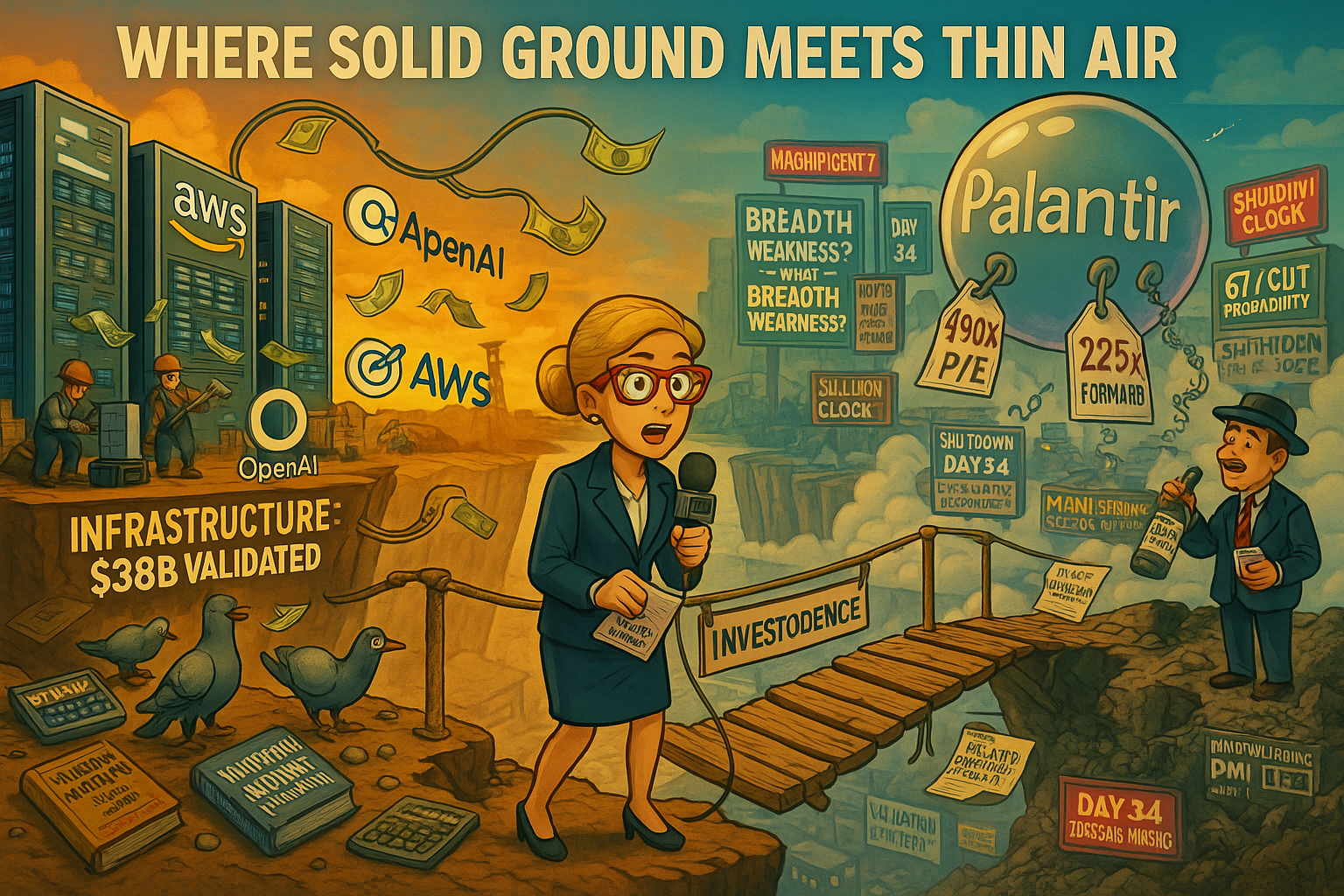 Financial chasm dividing solid AI infrastructure from floating software valuations with reporter on precarious bridge between