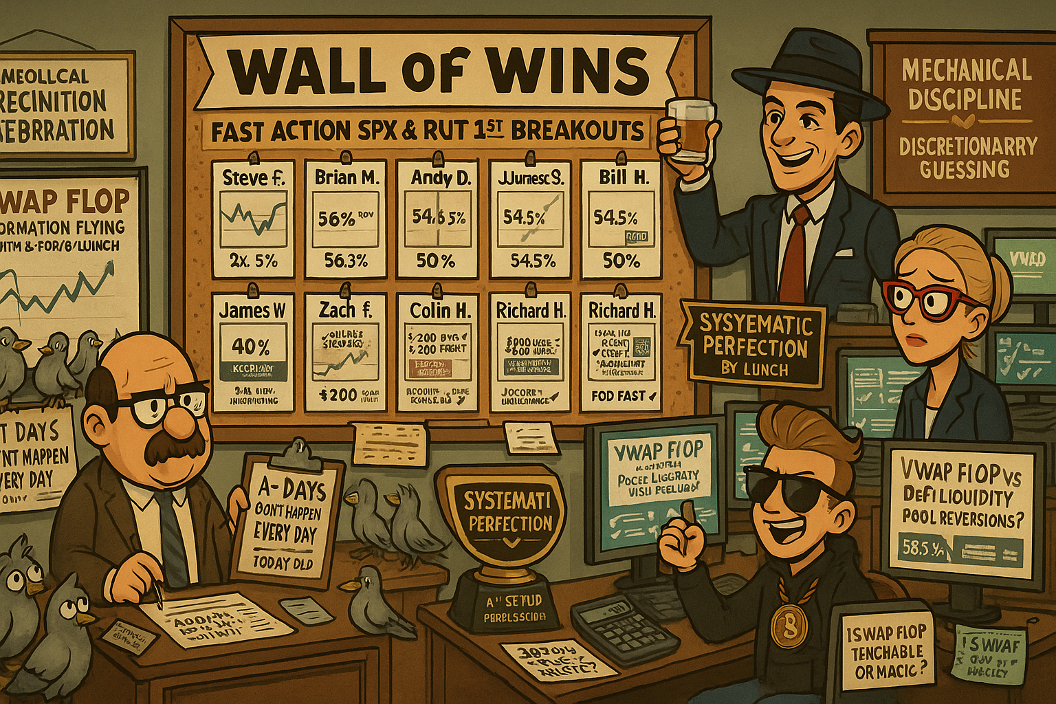 Financial Nuts newsroom celebrating 6-for-6 systematic perfection with Wall of Wins featuring 10 student traders replicating A+ VWAP Flop setup