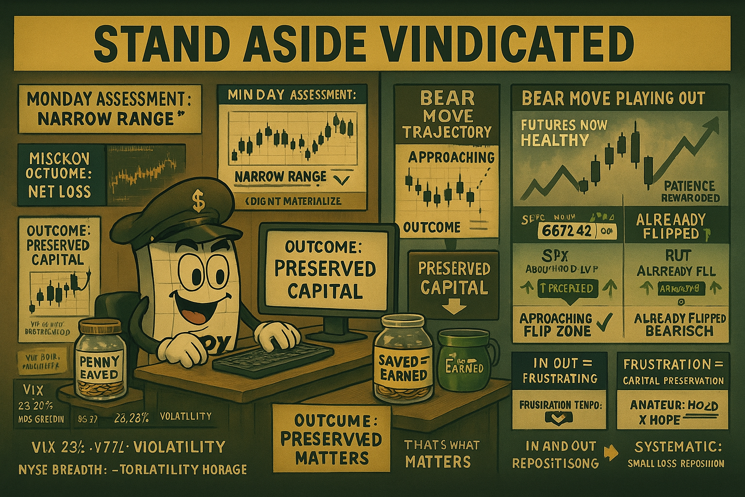 Mr SPX preserves capital after standing aside Monday vindicated as bear move from range highs plays out with futures healthy and TnT preparing directional flip from bullish to bearish