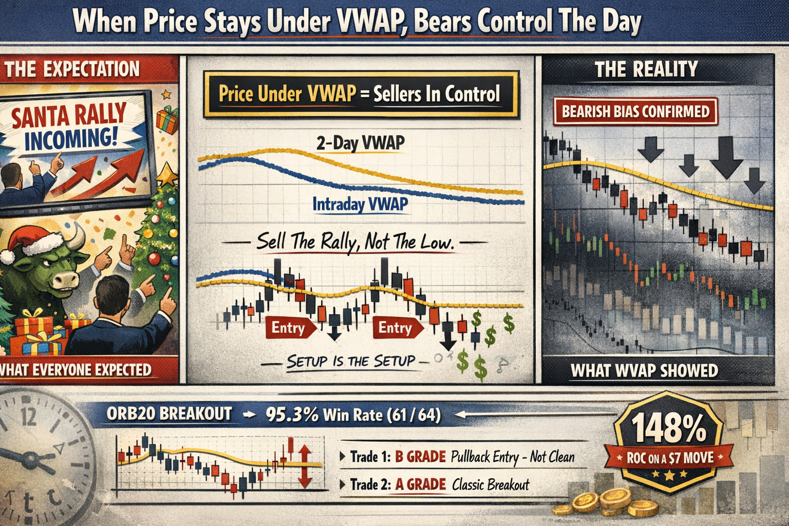 Educational diagram showing VWAP directional bias with price under 2-day VWAP confirming bearish control despite Santa Rally expectations
