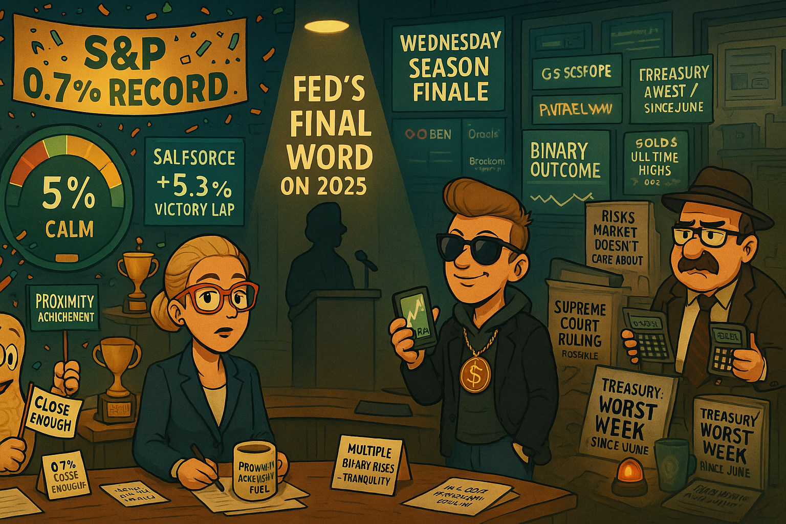 Markets celebrate being 0.7% from S&P record with VIX at 15.41 signaling calm before Fed's "final word" while ignoring Supreme Court $100B tariff ruling, Treasury's worst week since June, and multiple binary risks.