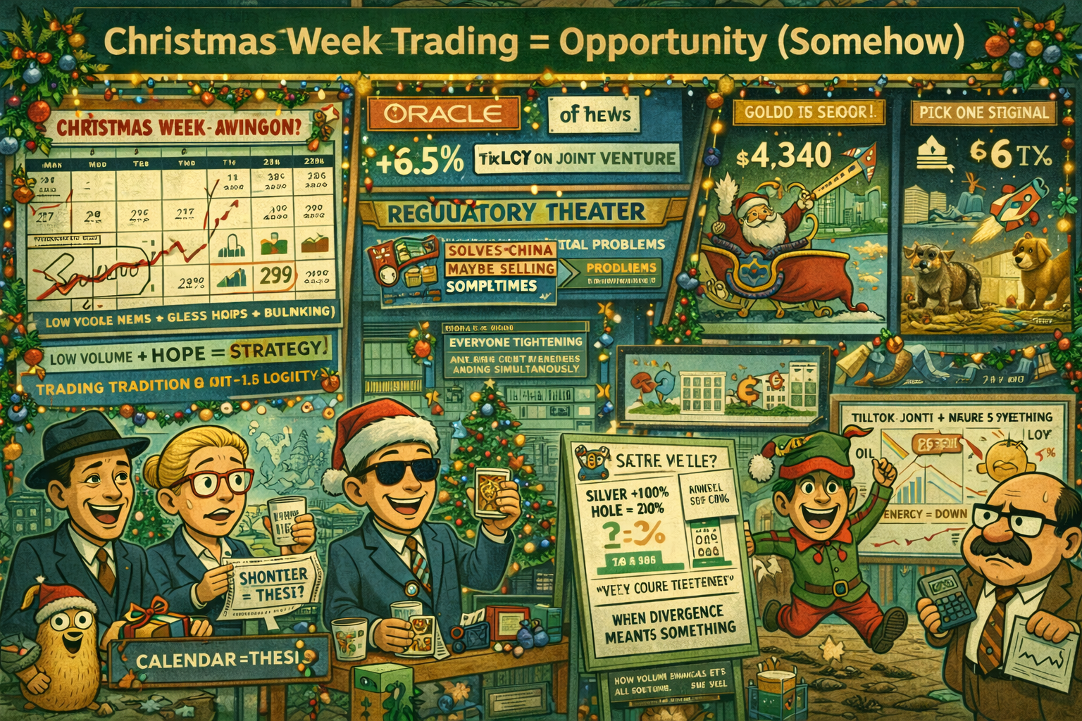 Markets enter Santa Rally window as Oracle surges 6.5% on TikTok regulatory deal while gold hits $4,340 up 65% and silver records $69 up 140% as oil collapses to $56 five-year lows and BOJ hikes to 0.75% highest since 1995.