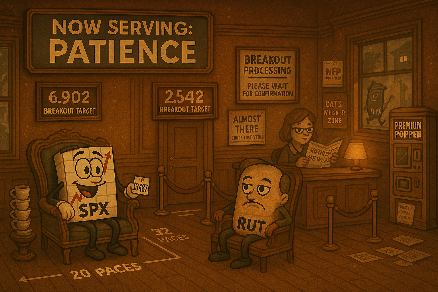 Mr SPX and Uncle Russell, both walking chart characters, waiting in a vintage breakout office staring at doors 32 and 20 paces away.