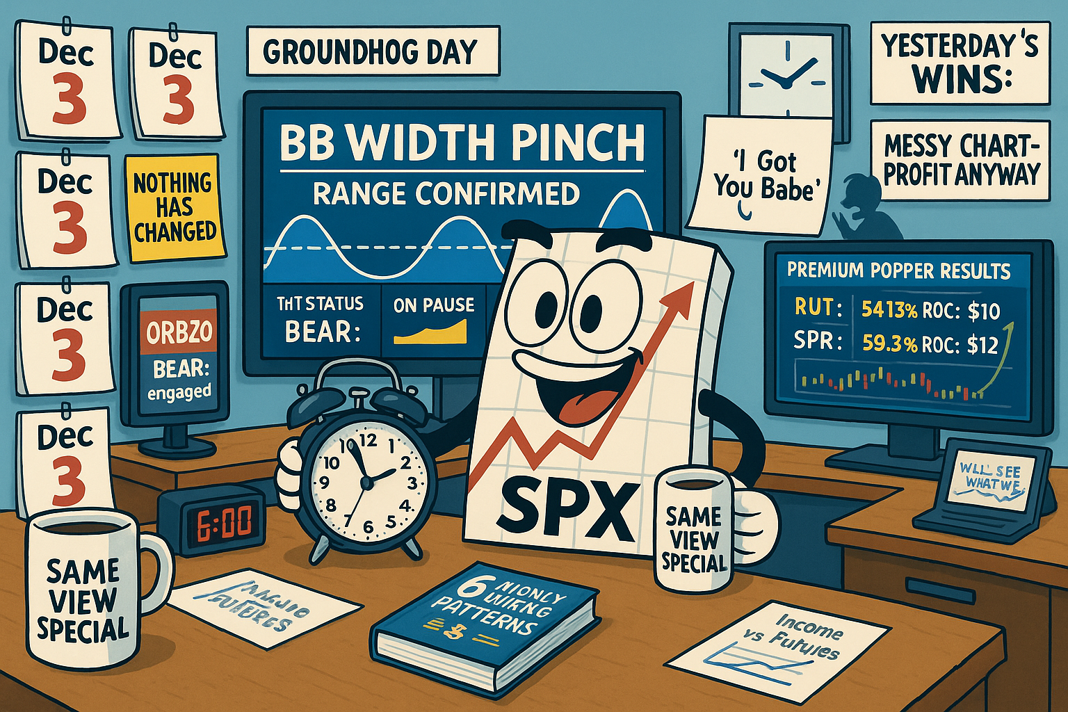 Mr SPX at Groundhog Day trading station with BB width pinch confirmed whilst yesterday's Premium Popper wins display