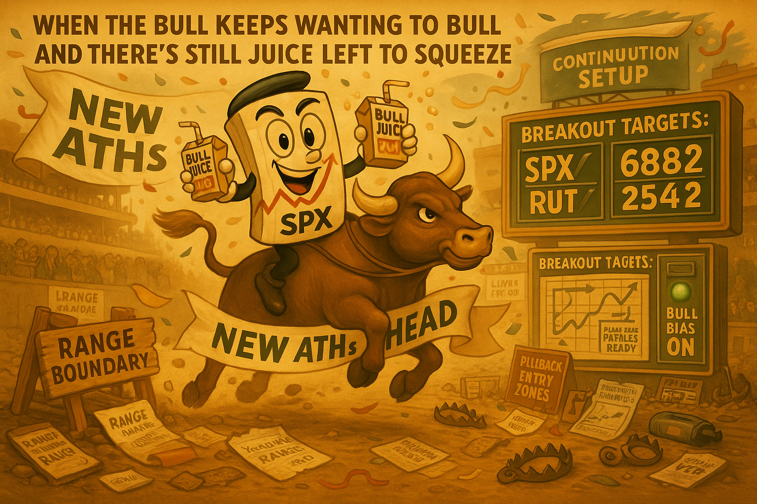 Mr SPX riding bull through smashed range barrier holding bull juice whilst breakout targets display on vintage scoreboard