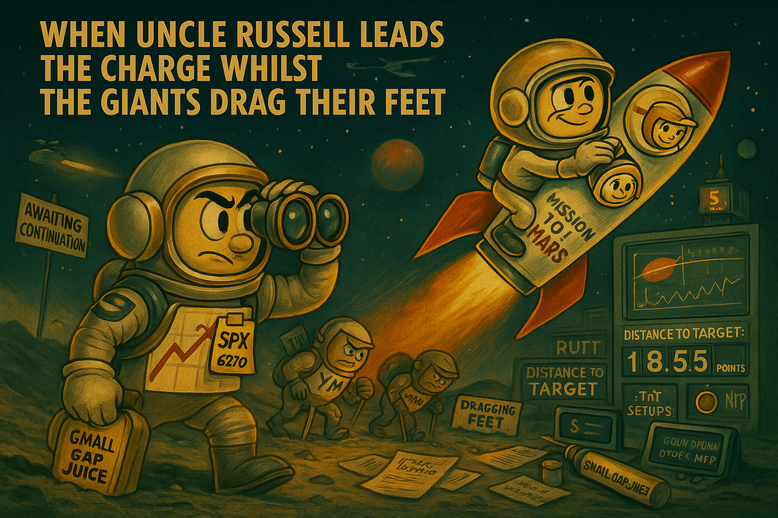 Uncle Russell in retro rocket approaching Mars target whilst larger indexes trudge below carrying grinding gear at mission control