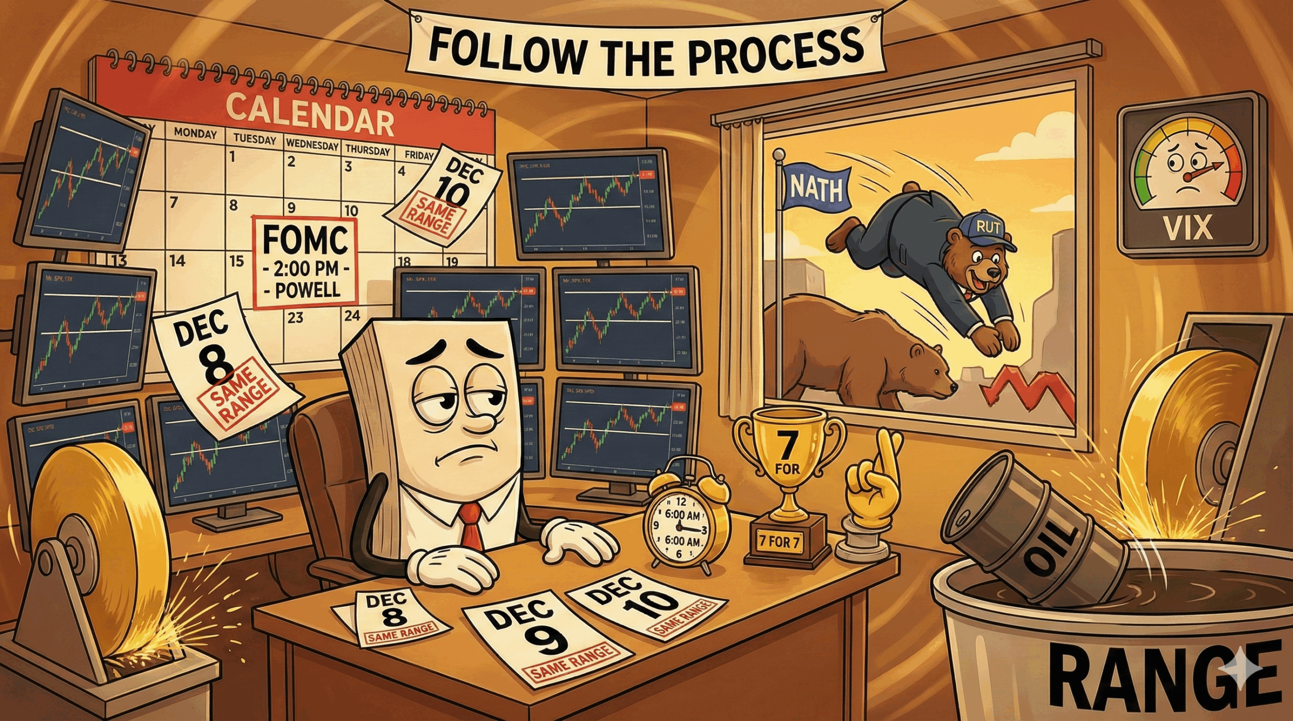 Mr SPX in Groundhog Day time loop looking at identical range boundary charts across multiple days with 7 for 7 trophy and FOMC looming