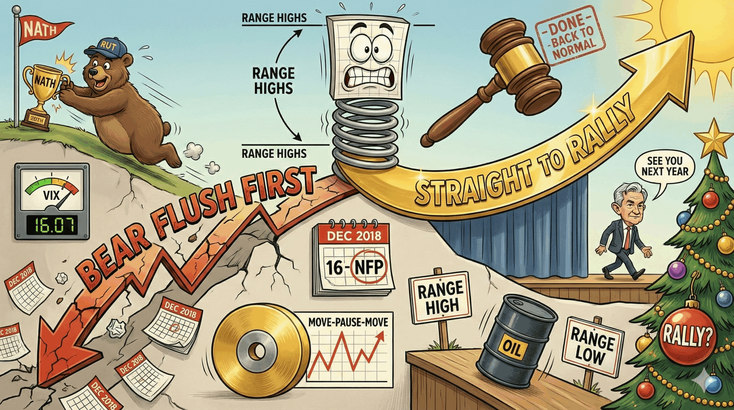 Mr SPX as coiled spring at range highs with two potential paths - bear flush first or straight to rally - after FOMC wibble wobble