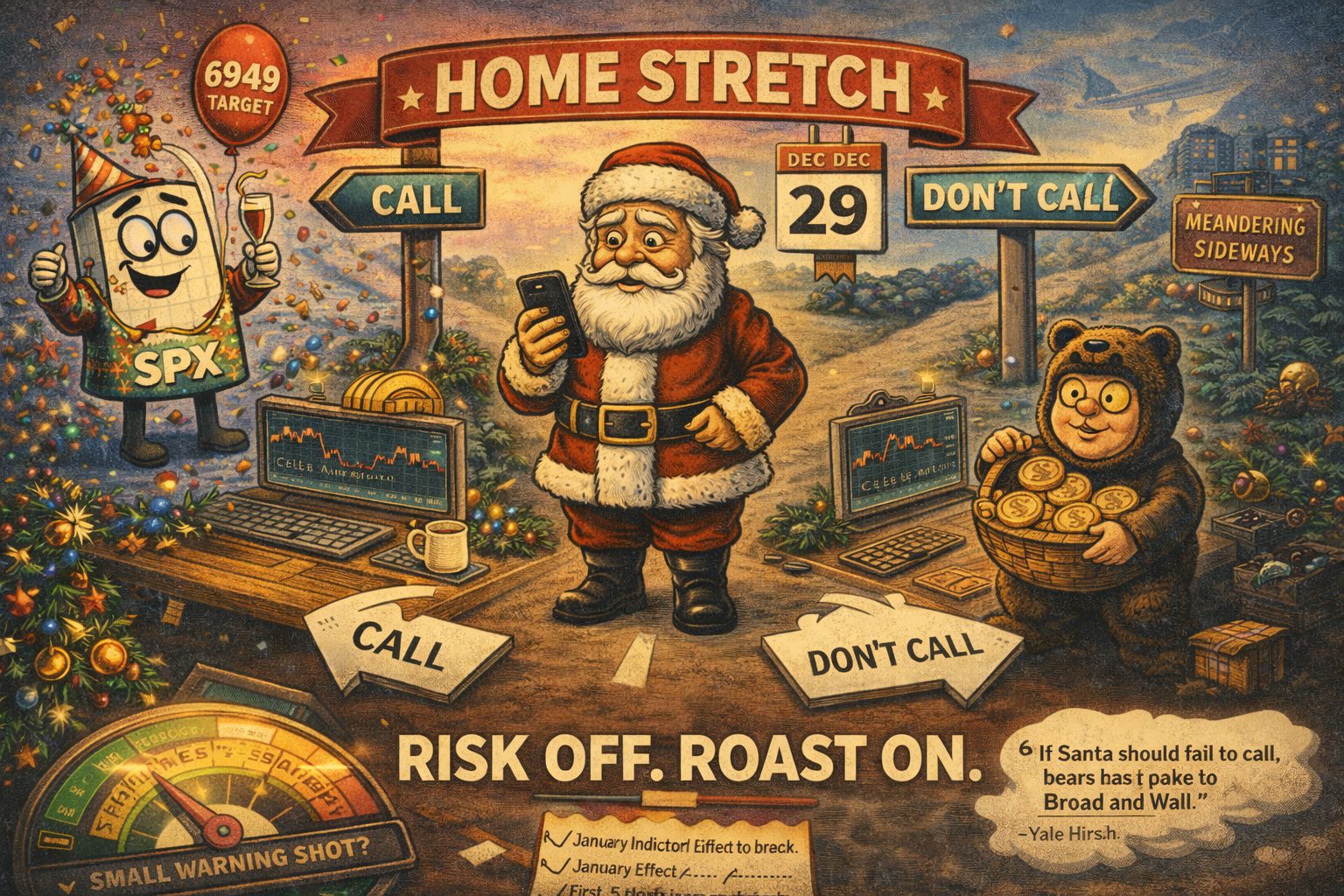 Santa Rally home stretch scene with SPX celebrating at ATHs while RUT collects theta in bear swing and VIX ticks higher
