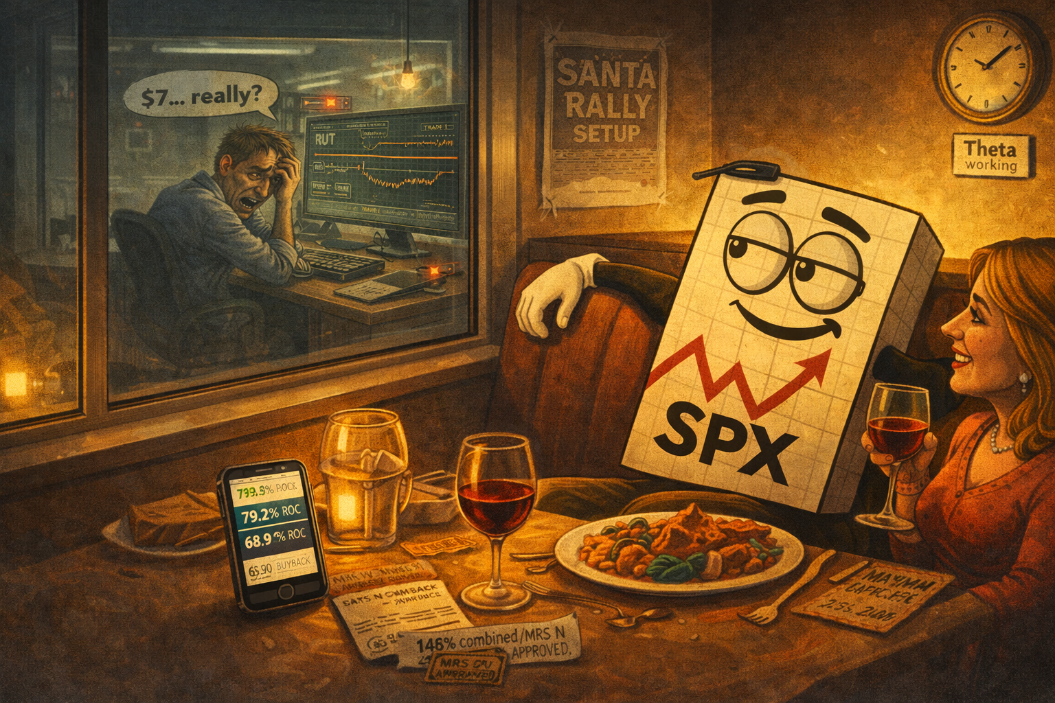 Split scene showing futures trader frustration versus premium seller dining success on $7 RUT sideways grind with 148% combined ROC