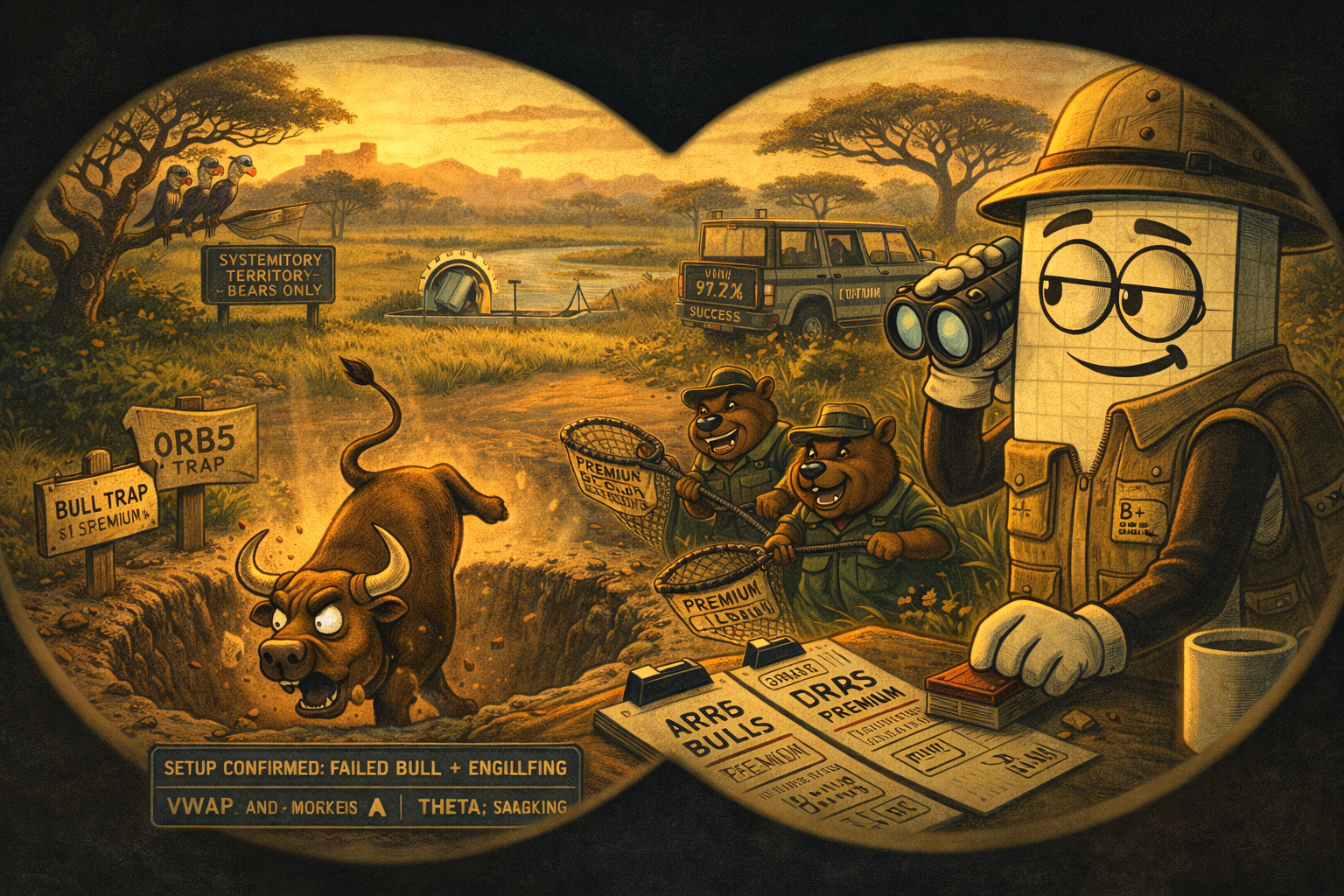 Mr SPX in safari gear watches through binoculars as bull falls into ORB5 trap whilst bear rangers collect premium.