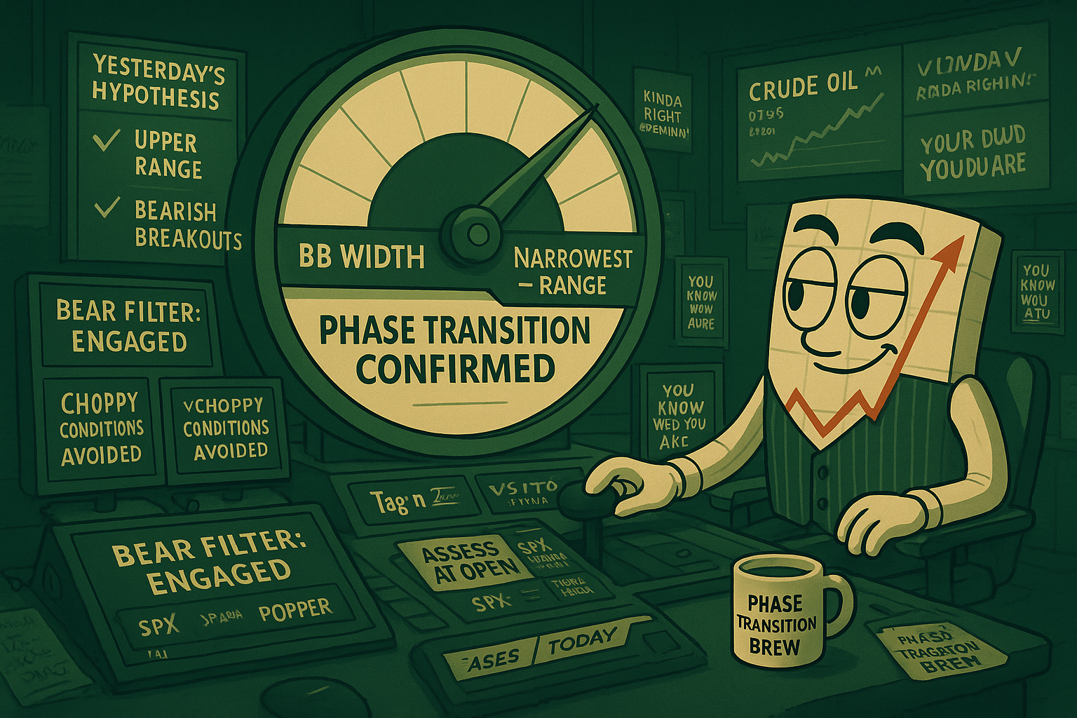 Mr SPX at phase transition station watching BB width confirm trend to range whilst bear filter success displays surround him