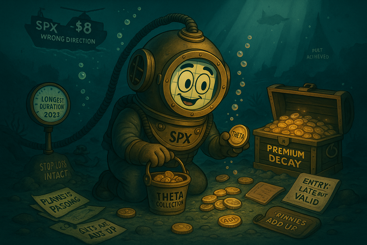 Mr SPX in vintage diving suit underwater collecting theta coins whilst surface ship shows SPX moved wrong direction but option still profitable