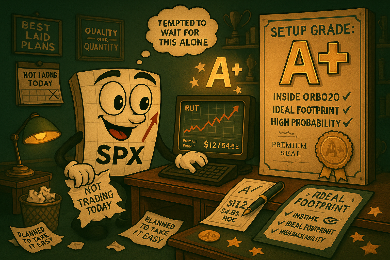 Mr SPX at trading desk with torn 'not trading today' paper as A+ setup grade glows over RUT chart showing 54.5% ROC result
