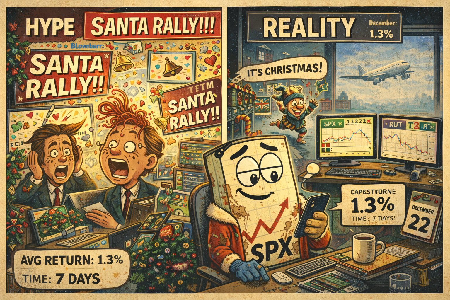 Split scene contrasting Santa Rally media hype with the boring 1.3% reality while indexes grind the same range