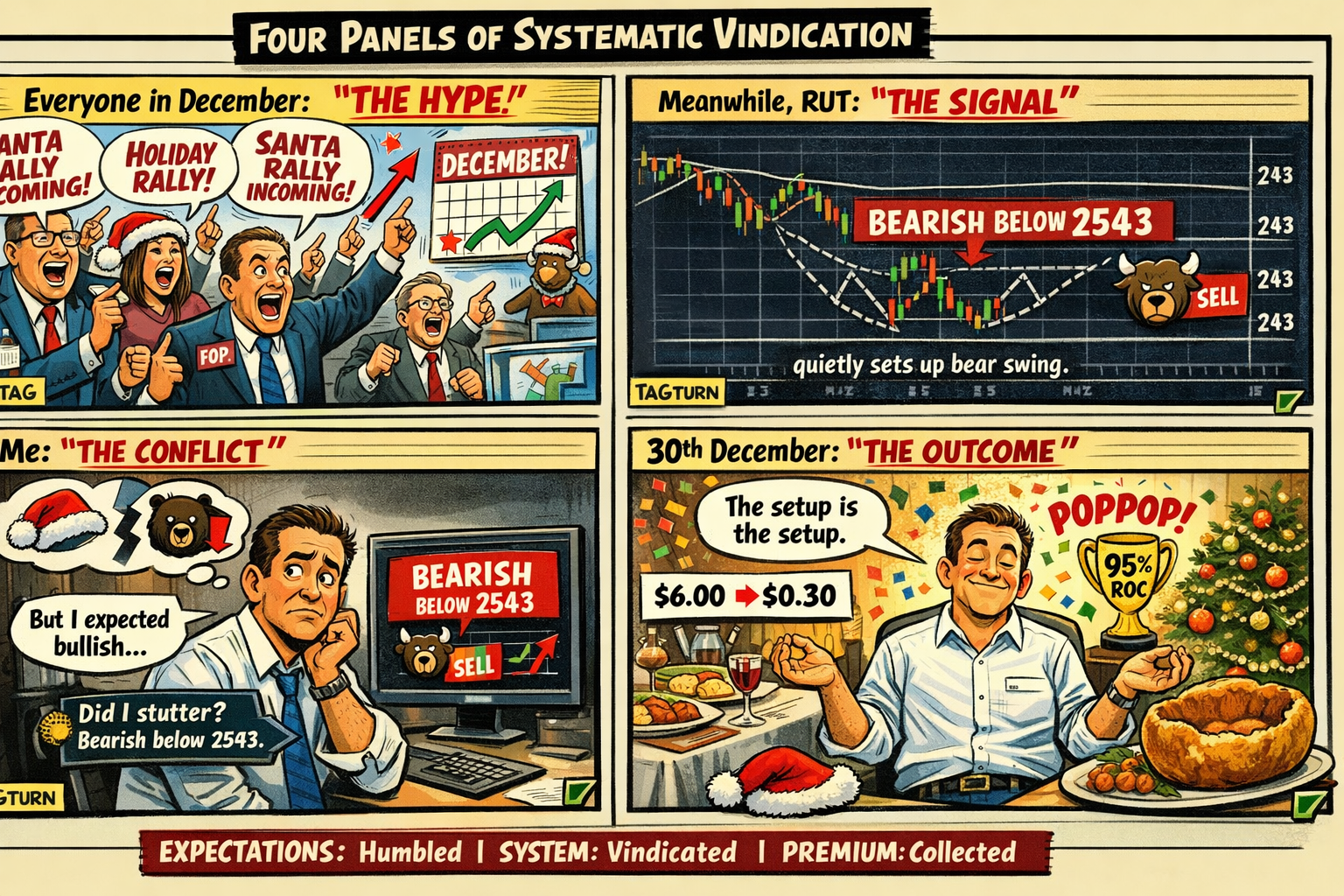Four-panel meme showing Santa Rally expectations versus RUT bear swing reality delivering 95% ROC