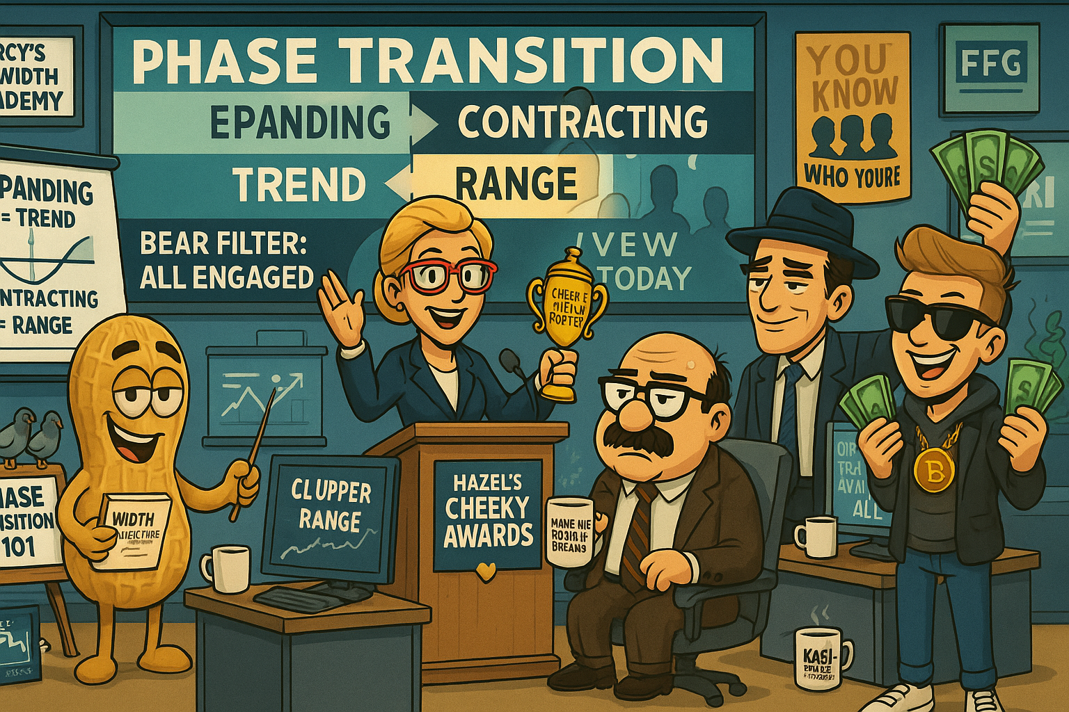 Financial Nuts newsroom confirms BB width phase transition whilst Hazel runs cheeky hybrid popper awards