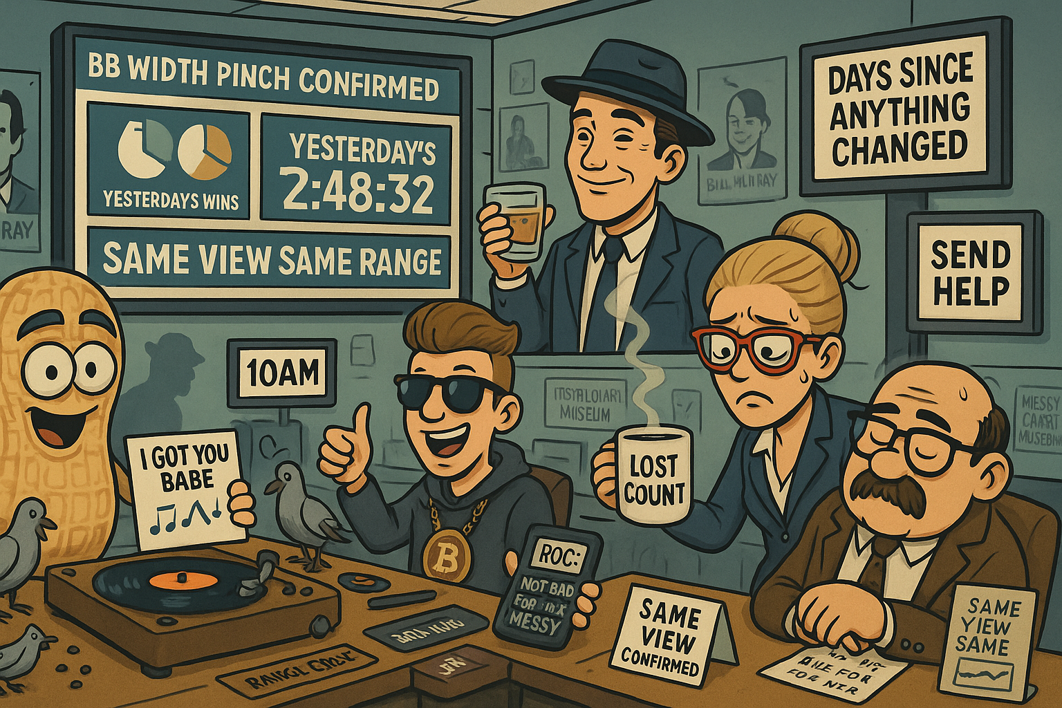 Financial Nuts newsroom in Groundhog Day mode with days since change counter and same view monitors