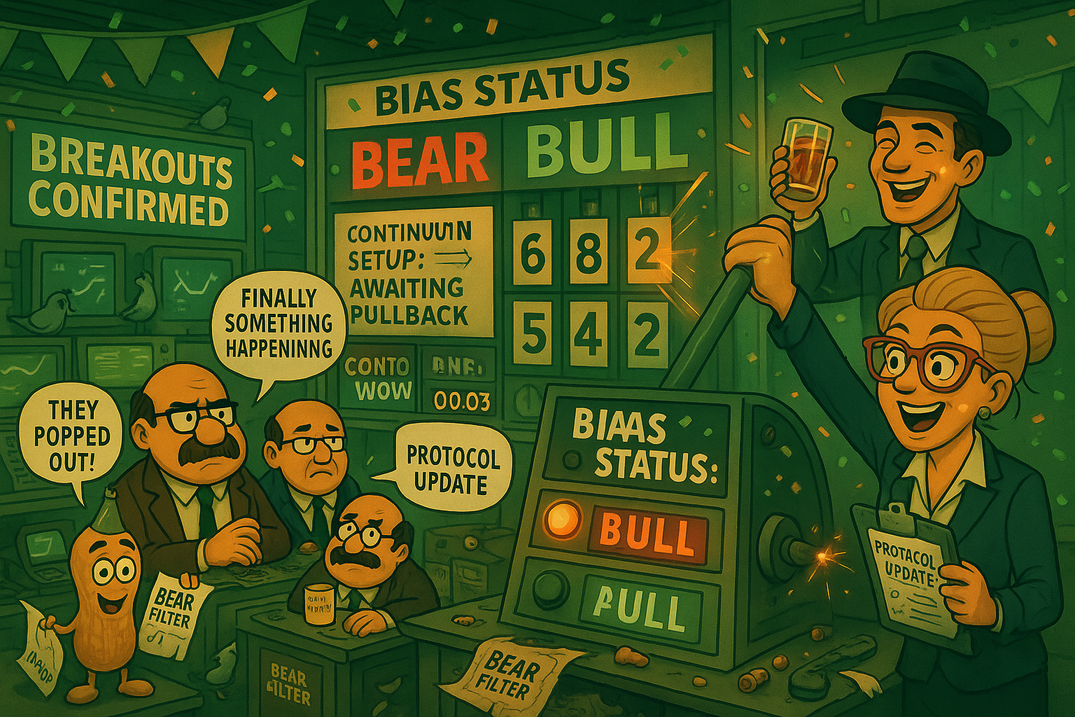 Financial Nuts mission control newsroom celebrating breakout confirmation as Hazel flips giant bias switch from bear to bull