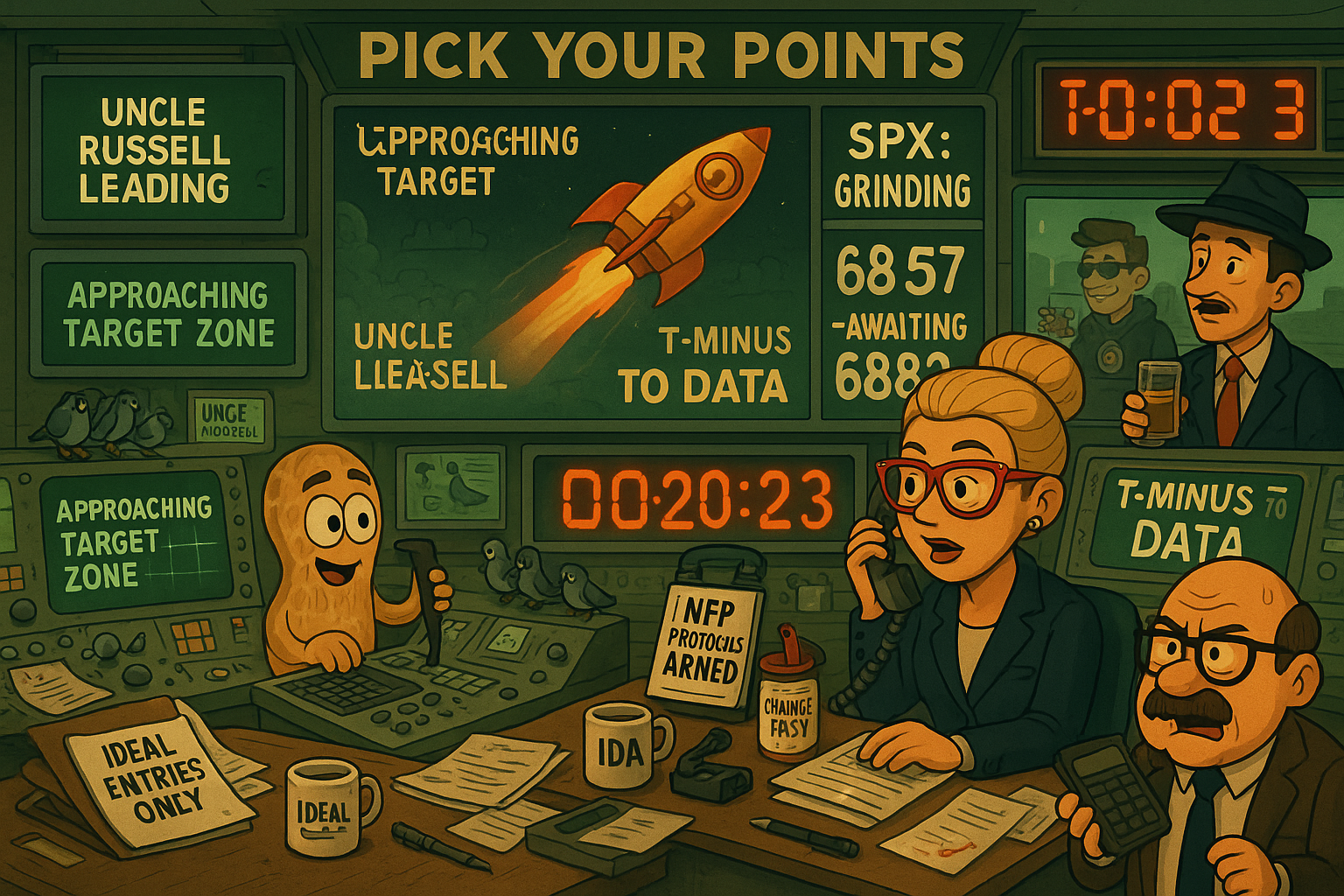 Financial Nuts mission control tracking Uncle Russell's rocket approach to target whilst NFP countdown clock ticks down