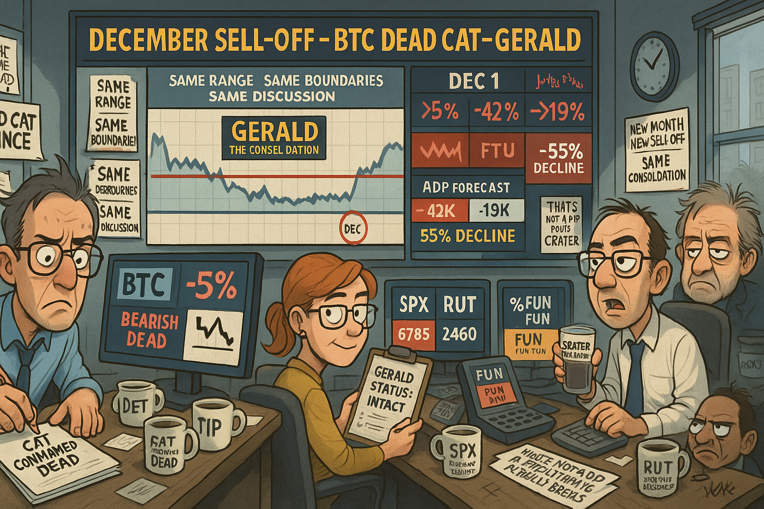 Financial Nuts newsroom tracks Gerald the consolidation week 4 whilst Percy confirms BTC dead cat and Kash calculates ADP crater