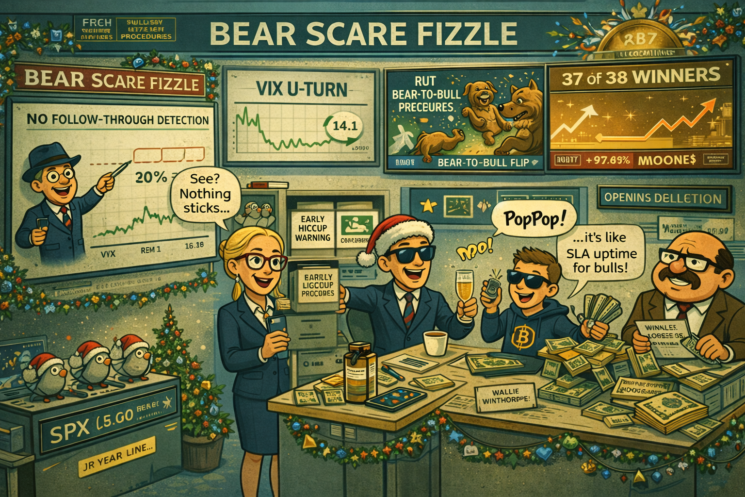 Financial Nuts newsroom celebrating bear scare fizzle with VIX U-turn and 97.4% RUT Premium Popper win rate