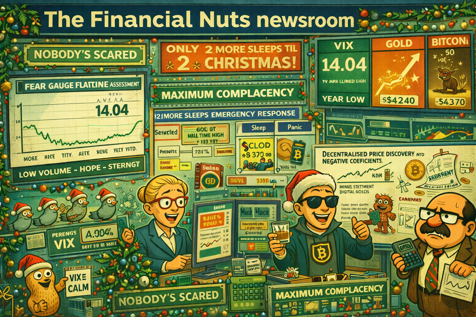 Financial Nuts newsroom processing VIX year lows with gold ATH celebration and Bitcoin eye roll during Christmas countdown