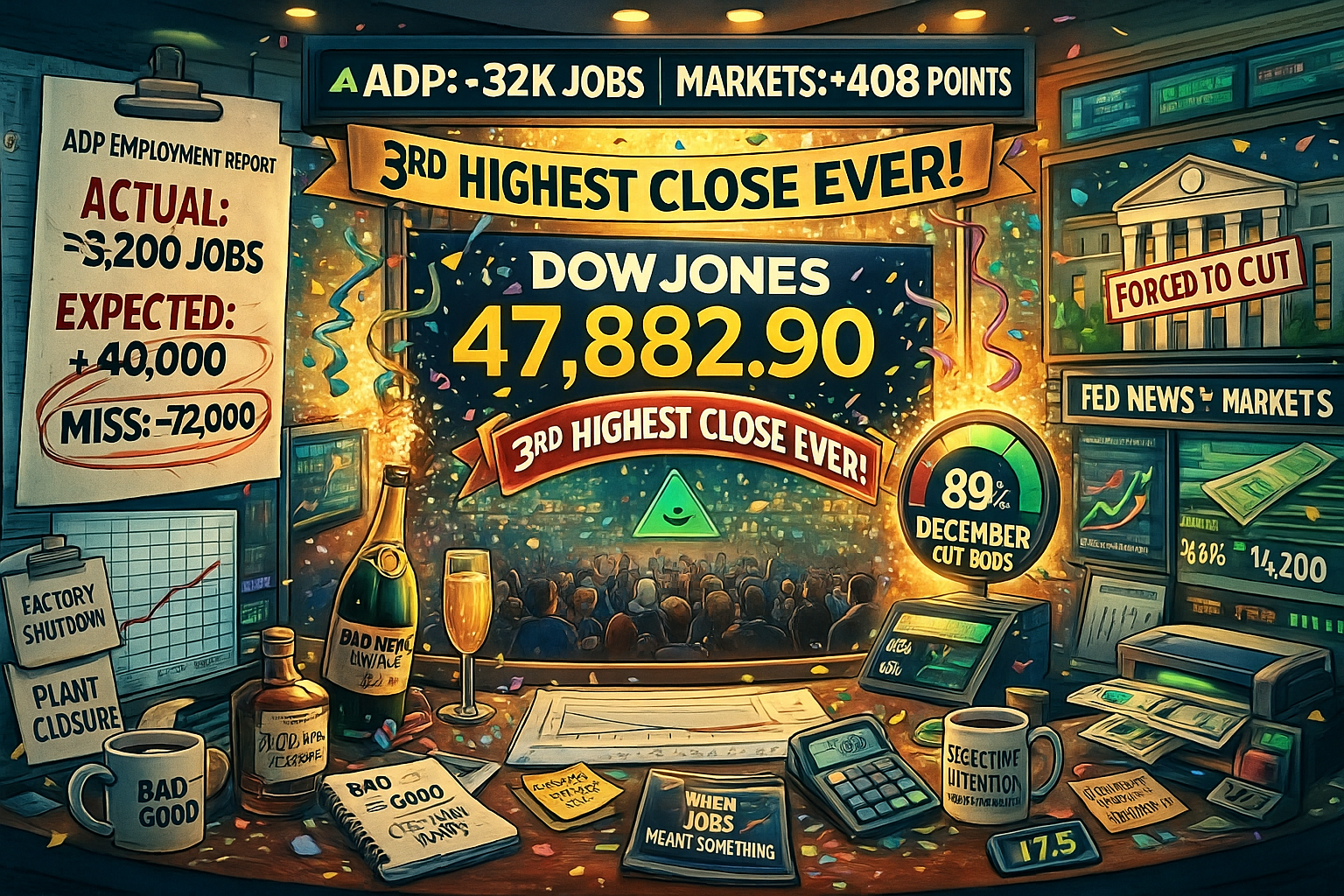 Dow Celebrates Third-Highest Close on 32,000 Jobs Lost