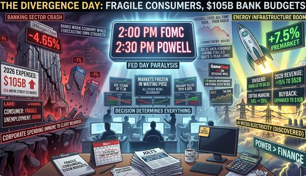 JPMorgan crashes 4.65% projecting $105B expenses while warning consumers fragile as GE Vernova surges 7.5% doubling dividend on AI power demand while markets freeze awaiting Fed decision at 2 PM with Russell 2000 hitting then fading from all-time high.