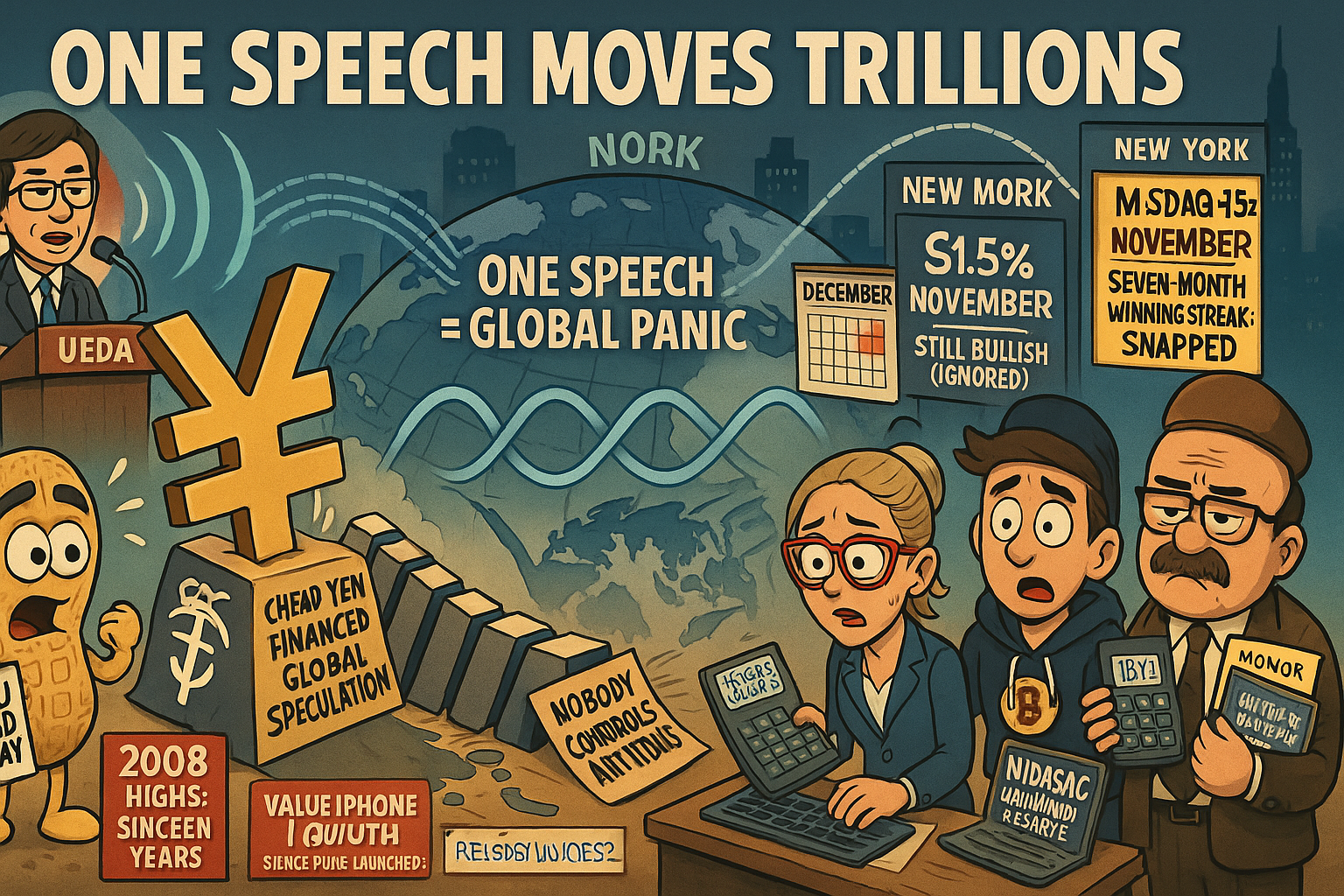 BOJ Ueda speech triggers global selloff as yen carry trade unwind fears dominate whilst Fed ending QT today ignored