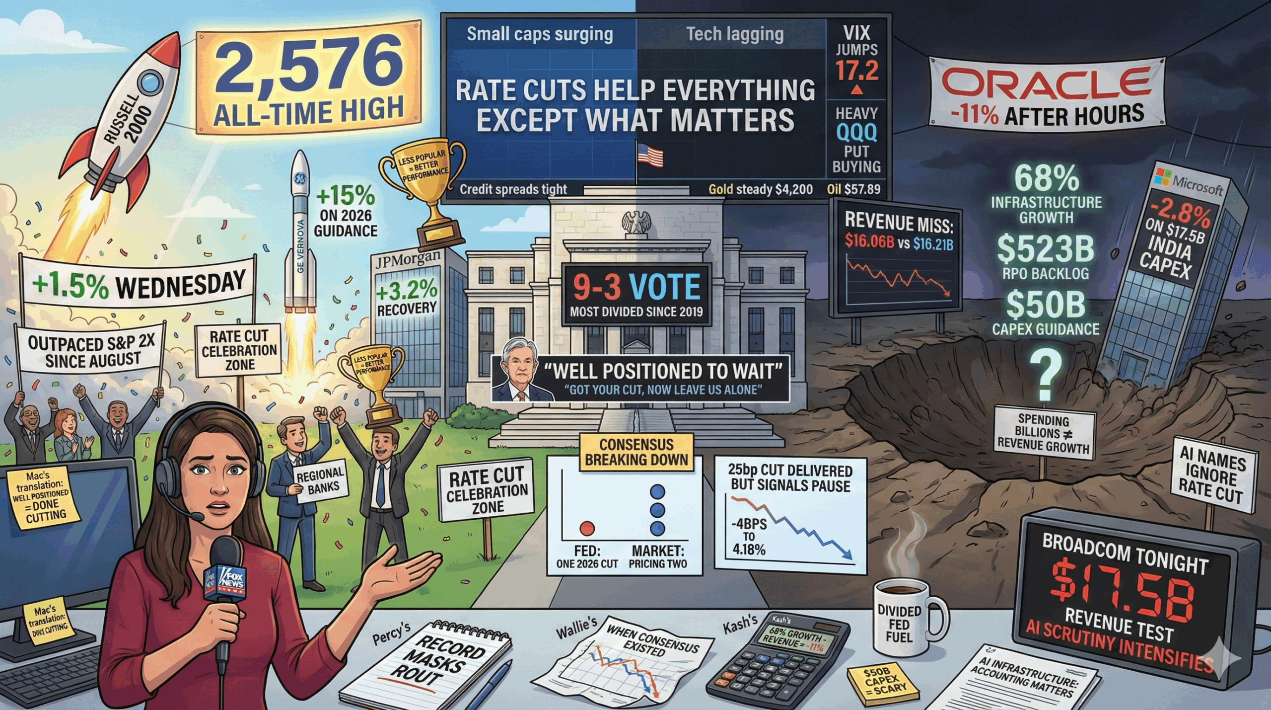 Russell 2000 hits all-time high 2,576 celebrating Fed's divided 9-3 rate cut while Oracle crashes 11% on revenue miss despite 68% infrastructure growth as markets await Broadcom test of AI infrastructure thesis.