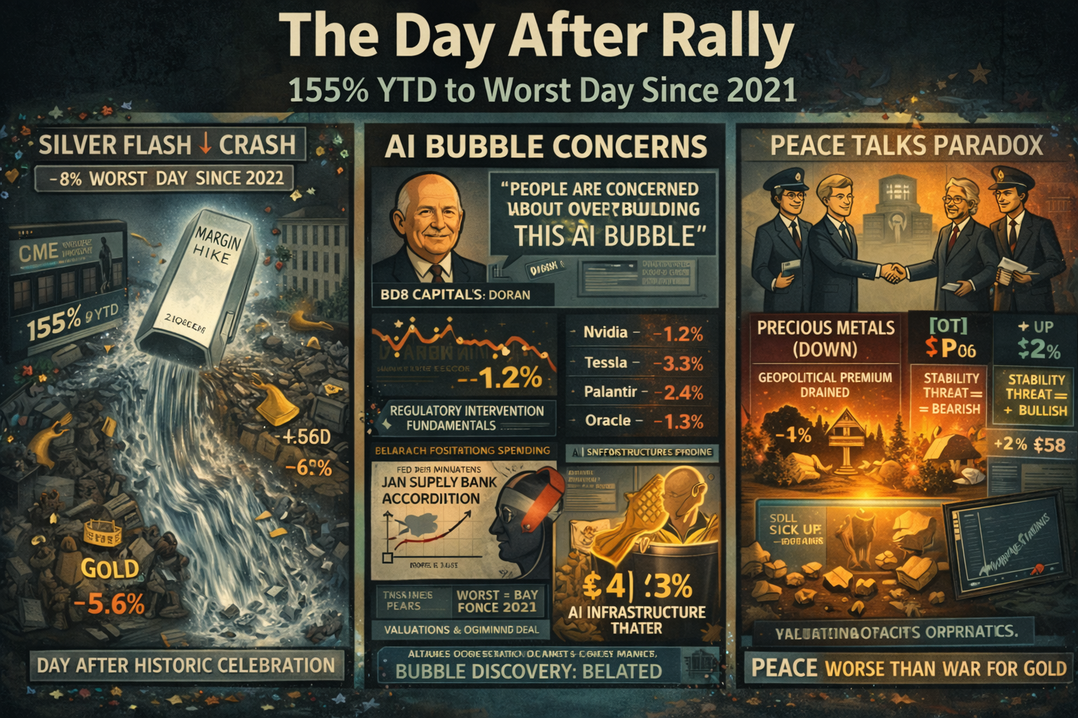 Silver flash-crashes 8% worst day since 2021 day after celebrating 155% YTD 1979-level gains as CME margin hike triggers liquidation while AI bubble concerns emerge with Nvidia Tesla Palantir falling and Ukraine peace talks drain geopolitical premium from gold but boost oil creating commodity interpretation split.
