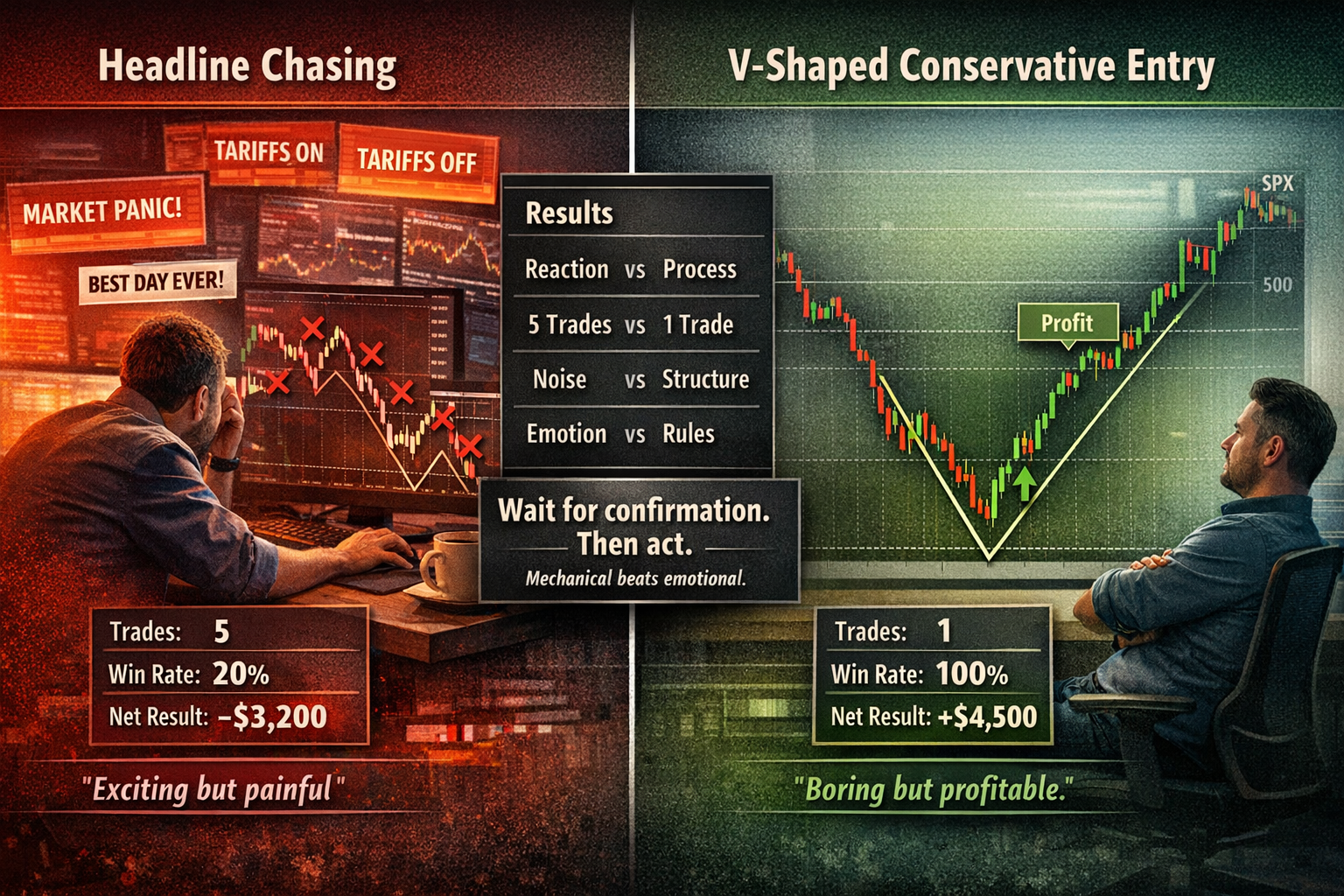 Comparison of headline chasing losses versus systematic V-shaped entry gains