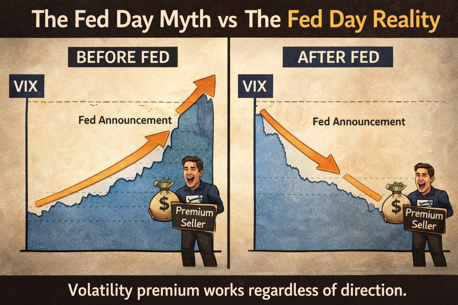 VIX chart showing elevation before Fed, crush after Fed. Premium seller collecting profits in both scenarios. "The Fed Day Myth vs The Fed Day Reality" - volatility premium works regardless of direction.