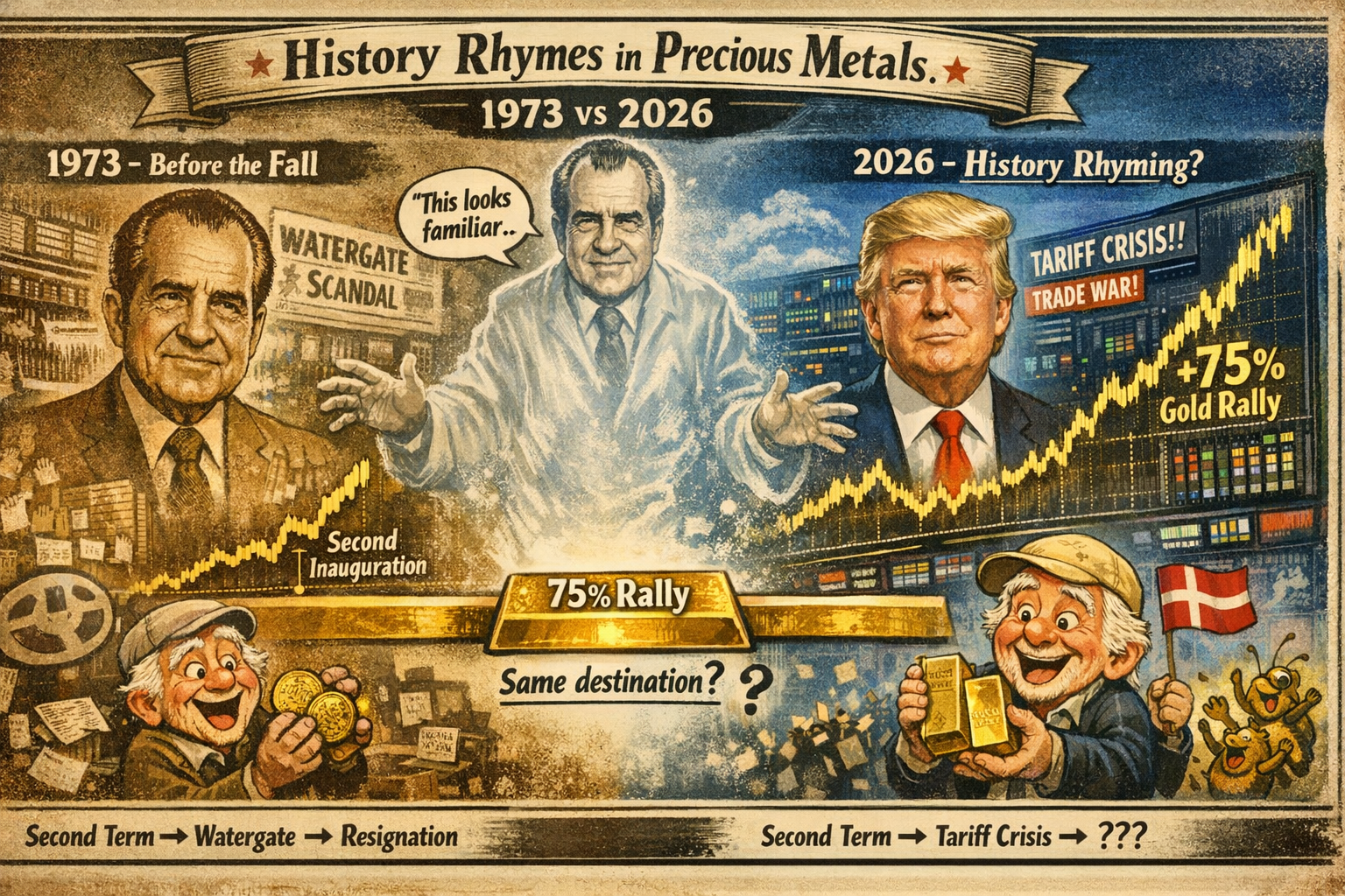 Historical comparison of gold rallies during Nixon’s Watergate era and Trump’s tariff crisis, showing similar market reactions across decades.
