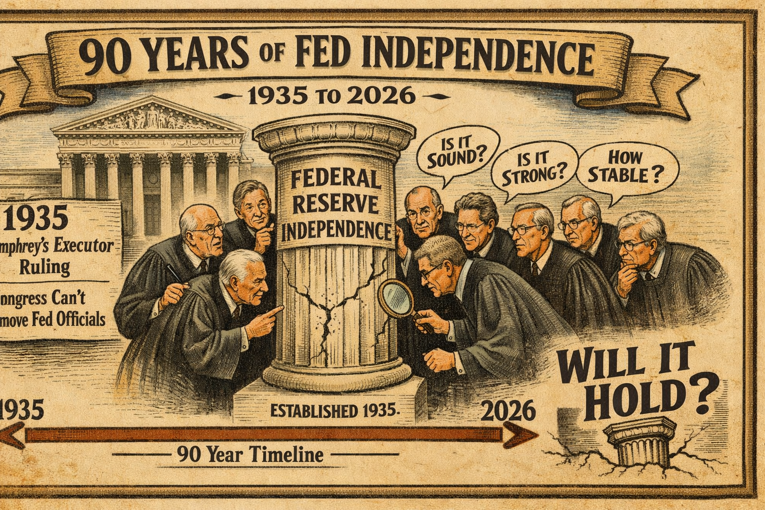 Timeline showing 90 years of Fed independence from 1935 case to current Supreme Court questioning
