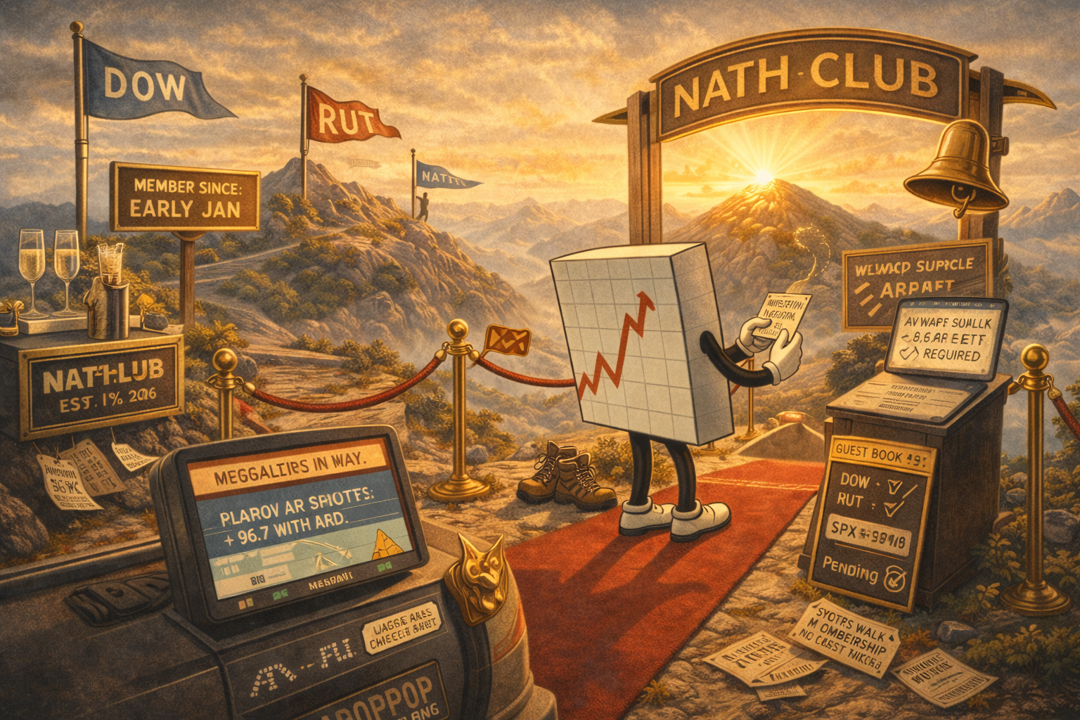 Mountain summit NATH Club with DOW and RUT flags planted, Mr SPX arriving at entrance, Nasdaq visible lagging on trail below.