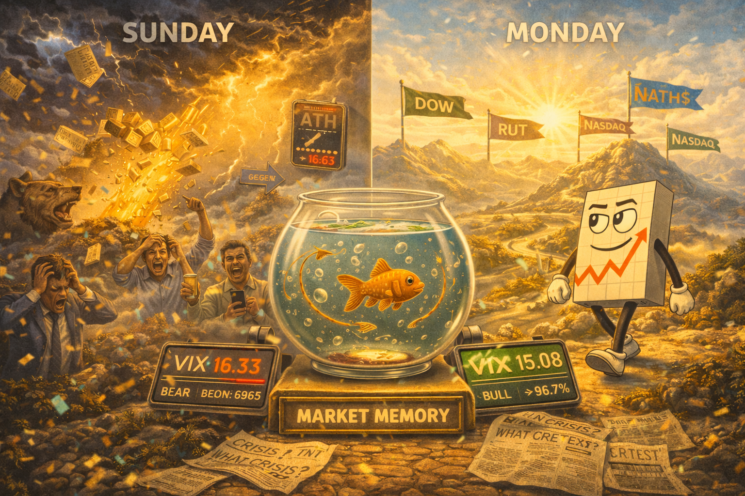 Split scene showing Sunday panic versus Monday NATHs with goldfish market memory in centre