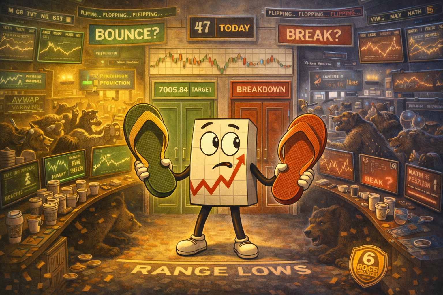 Trading floor chaos as Mr SPX stands at range lows testing flip-flop setup