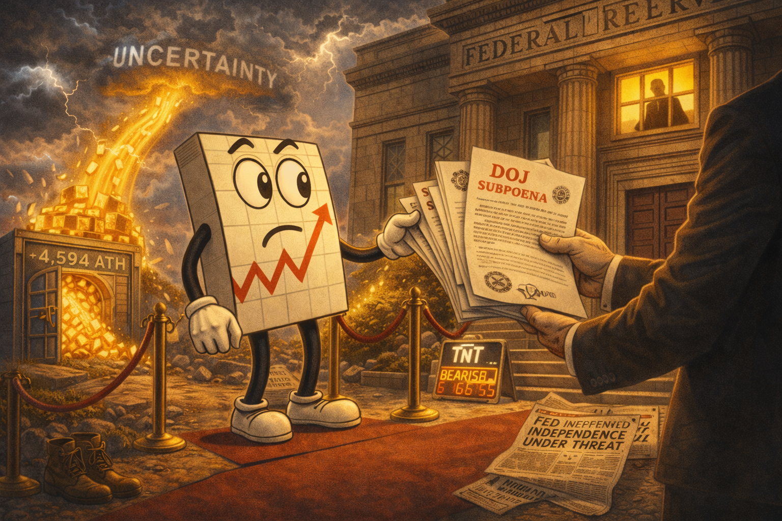 Mr SPX at Federal Reserve receiving DOJ subpoena whilst gold streams to ATH and storm clouds gather